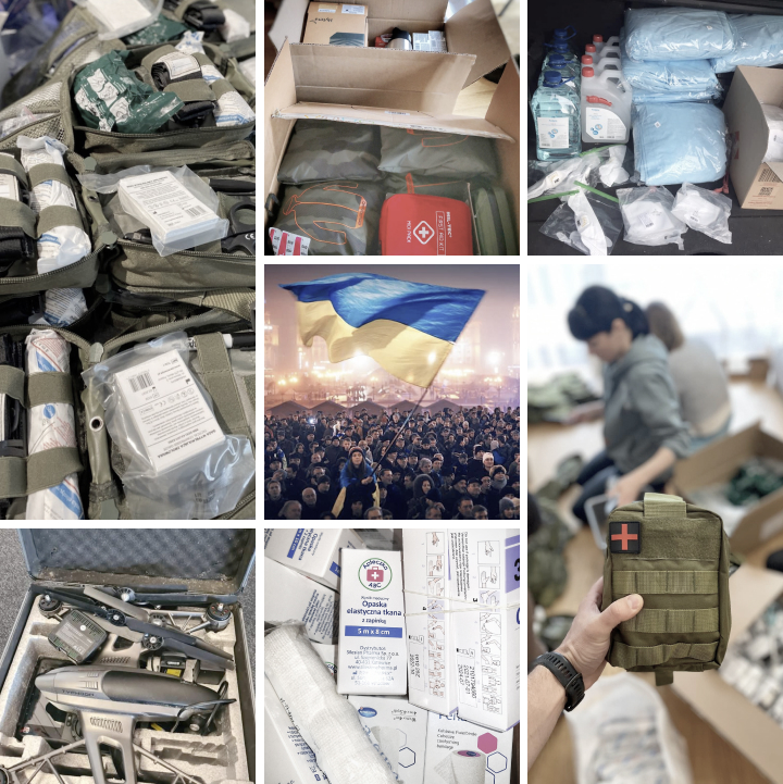 Kolaż zdjęć przedstawiający zbiórki najpotrzebniejszych rzeczy dla Ukrainy